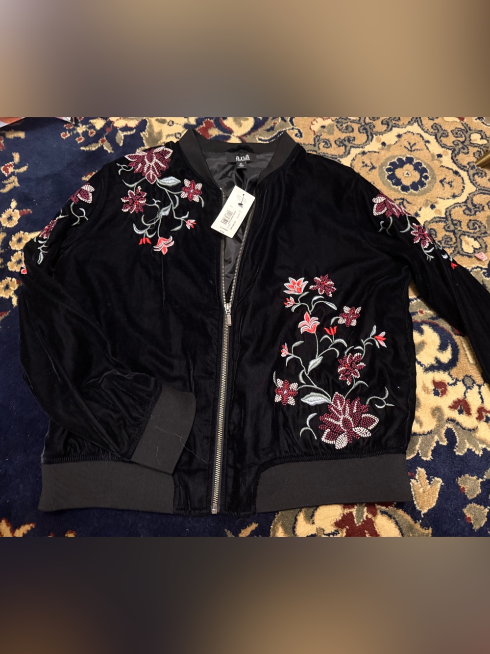 a.n.a Black Velvet Bomber Jacket with Pink Floral Embroidery